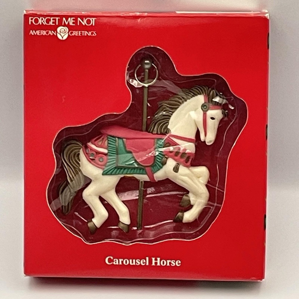 Vintage‎ American Greetings CAROUSEL HORSE Ornament Forget Me Not White Pony 4"